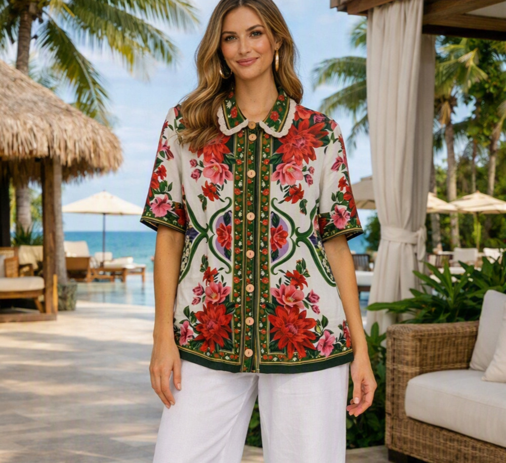 Farm Rio NWT Wonder Rio Sand Uni Shirt Floral Paula Colorful M Linen Bld Resort